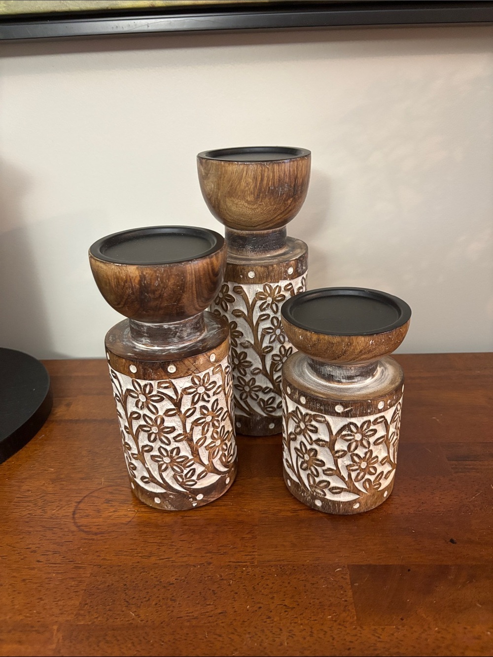 Decorative Wood Carved Floral Candle Holders - Brown & White Set of 3